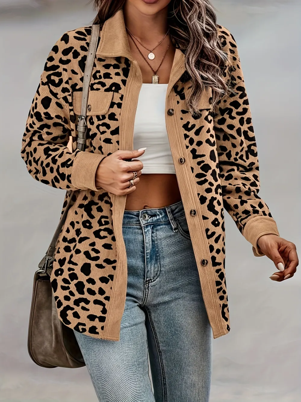 Wild Leopard Print Shacket Jacket - Soft, Casual, Button-Front, Turn-Down Collar, Long Sleeve, Outerwear for Women - Perfect for Daily Wear, Outdoor Activities, and Layering
