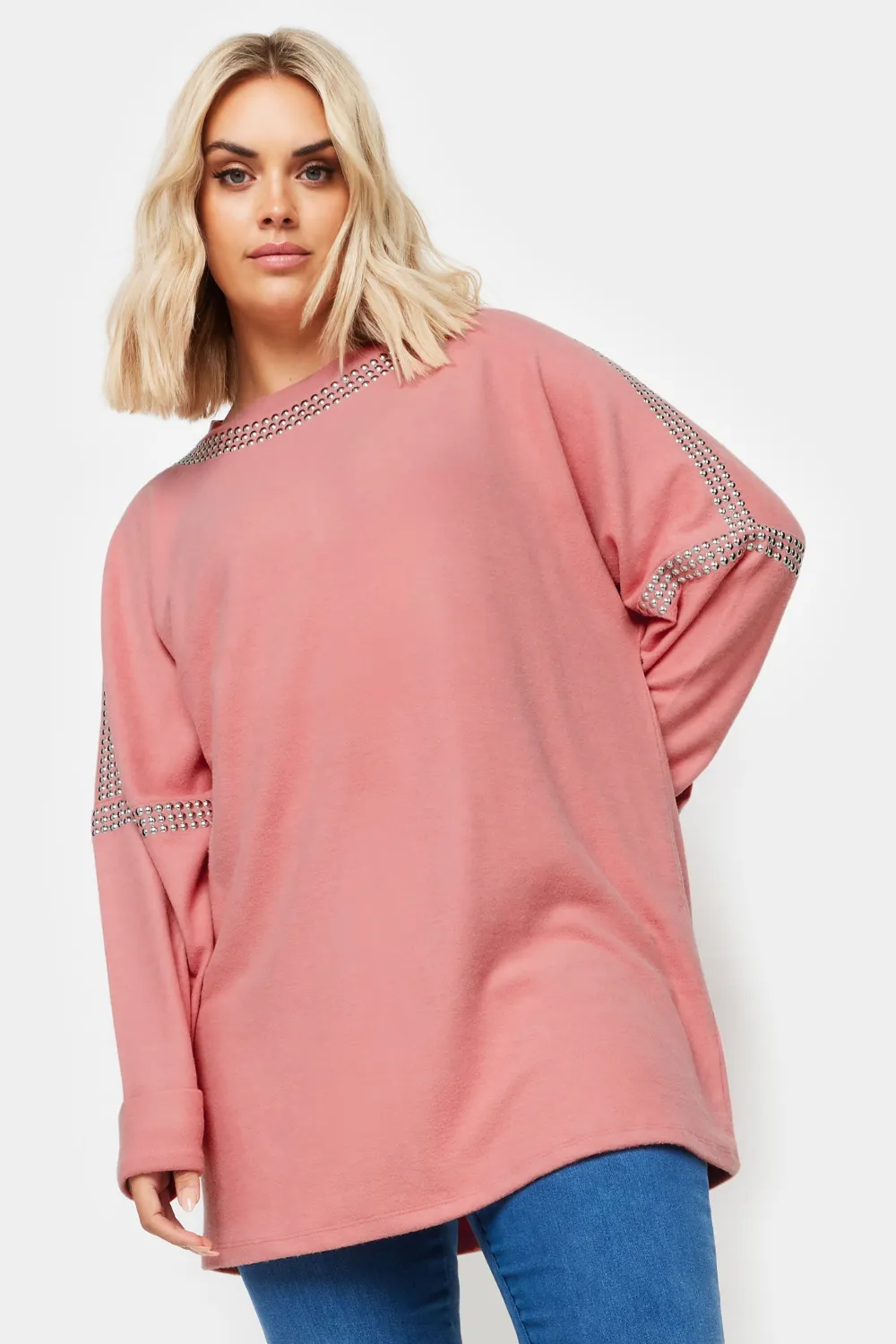 YOURS Curve Grey Stud Neckline Embellished Jumper