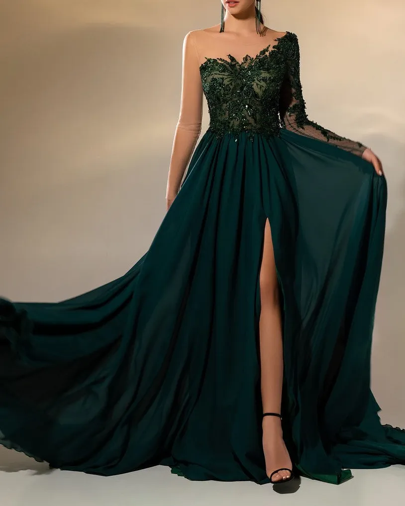 rhinestone one-shoulder chiffon dress