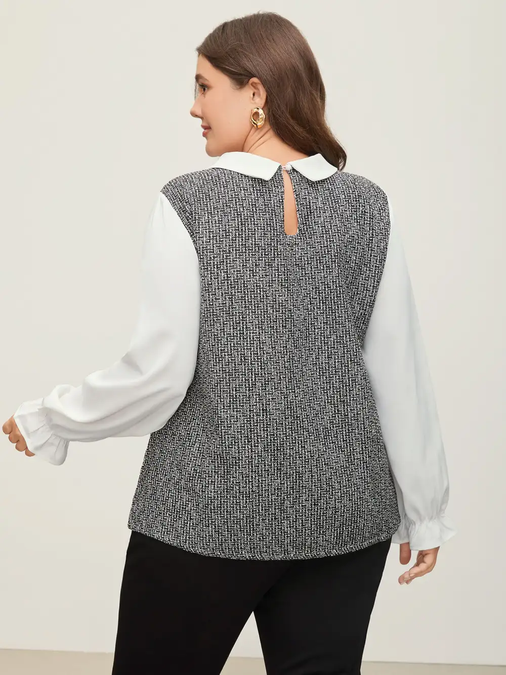 Tweed Patchwork Lantern Sleeve Blouse