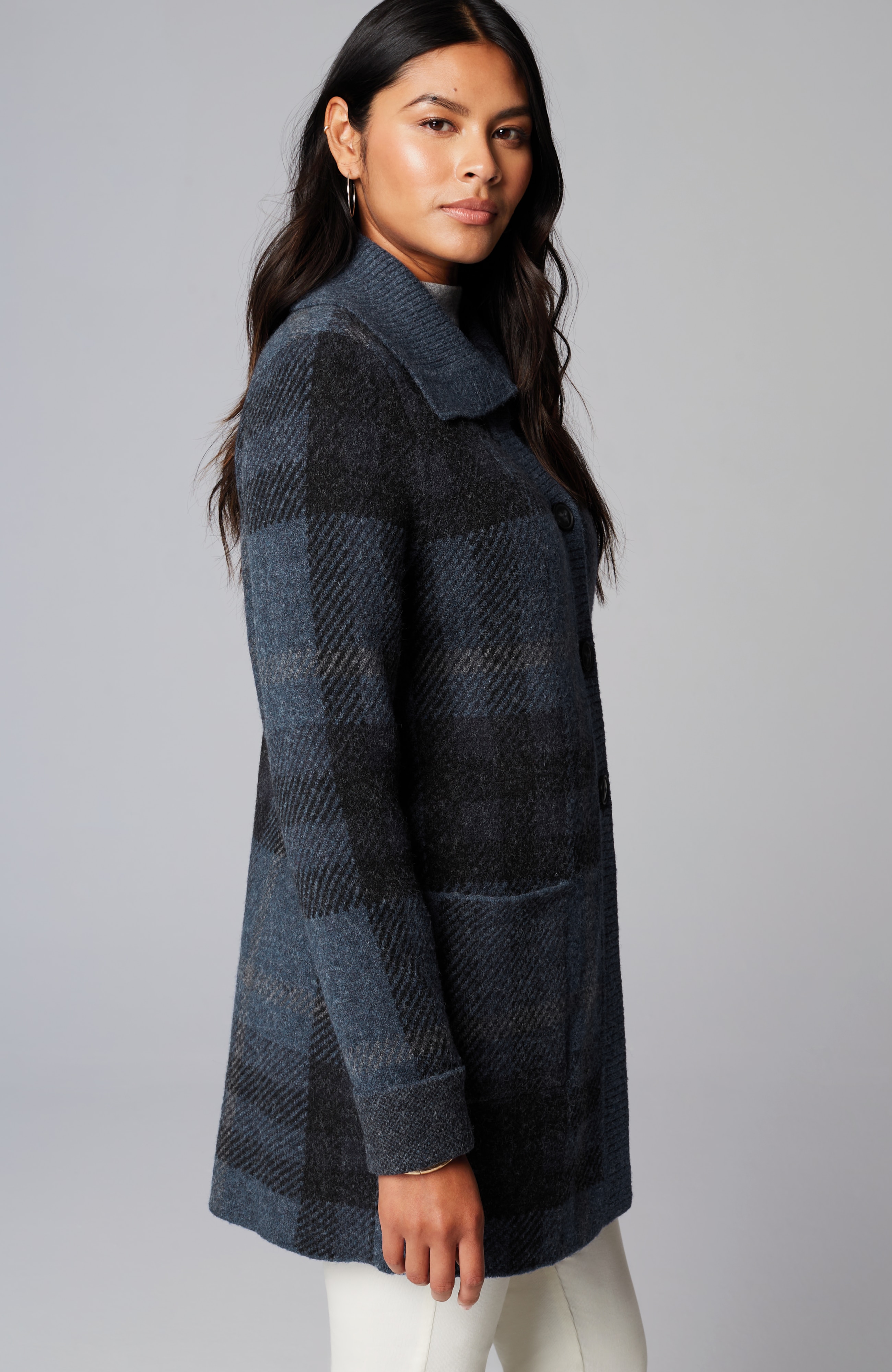 Ribbed-Collar Plaid Sweater-Jacket