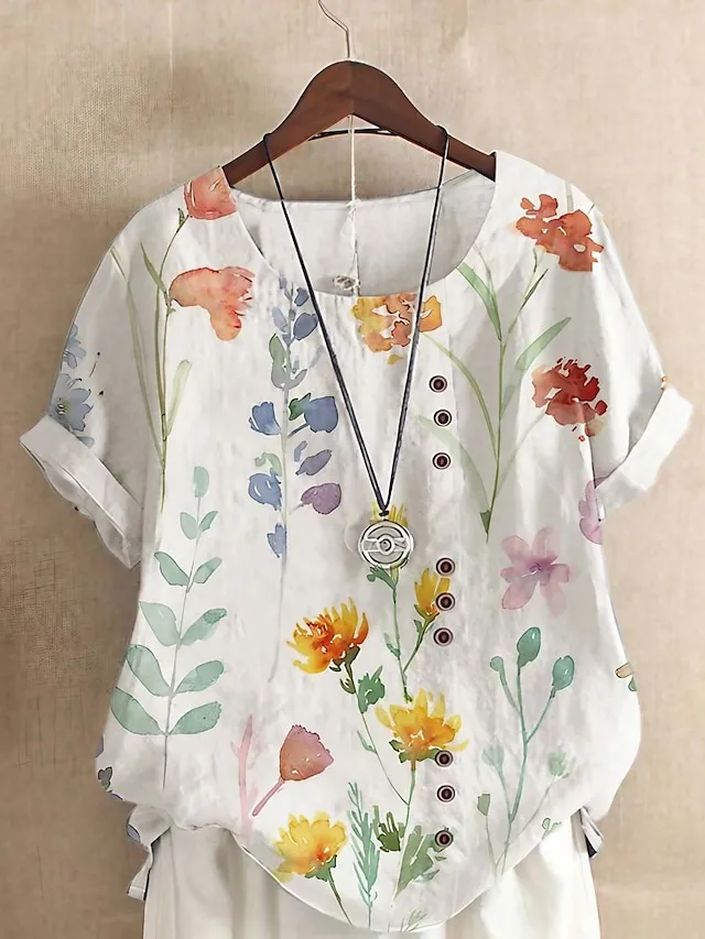 Women's Shirt Blouse Floral Button Print Casual Holiday Basic Short Sleeve Round Neck Yellow