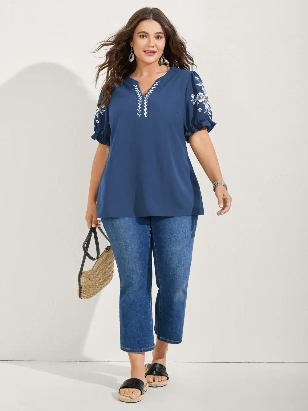 Notched Collar Embroidered Ruffled Blouse