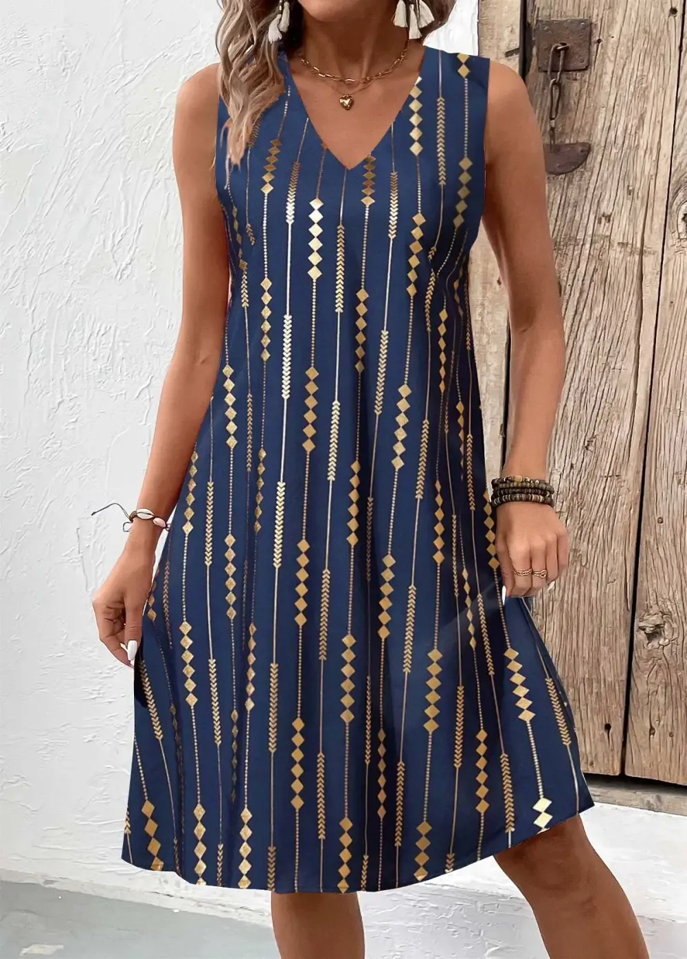 Blue Hot Stamping Geometric Print A Line Sleeveless Dress
