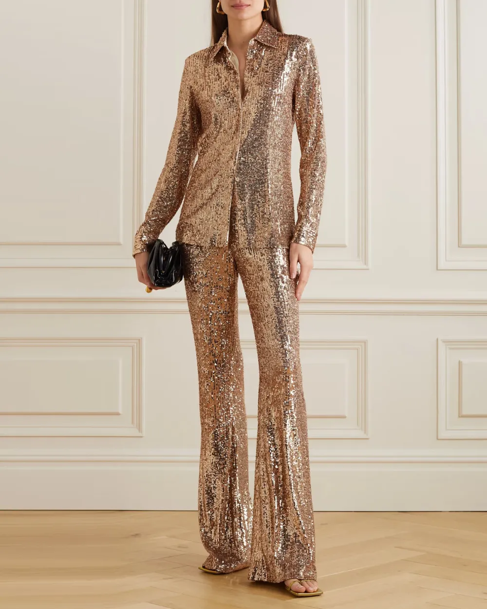 Sequined stretch-jersey shirt and pant two-piece suit