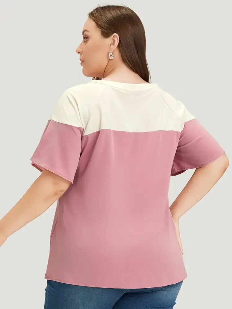 Anti-Wrinkle Two Tone Keyhole Raglan Sleeve Blouse