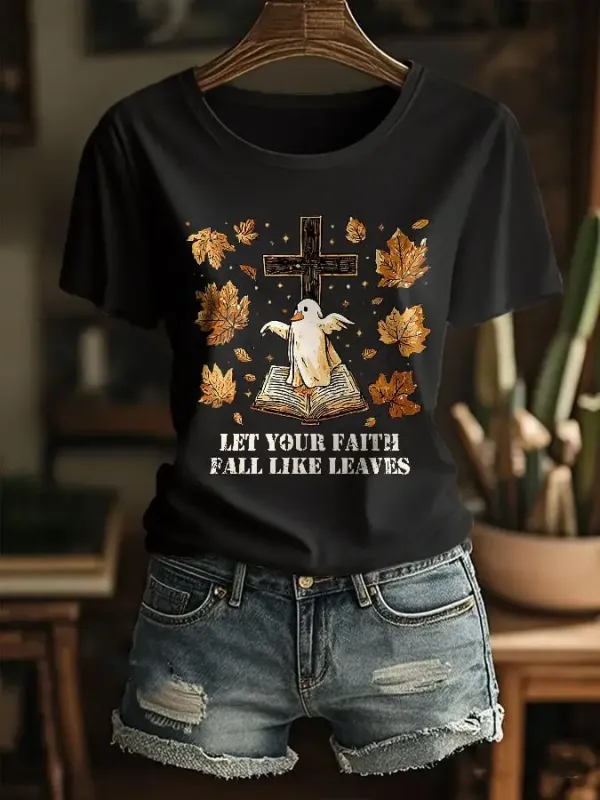 Women's Fall For Jesus He Never Leaves Print T-Shirt