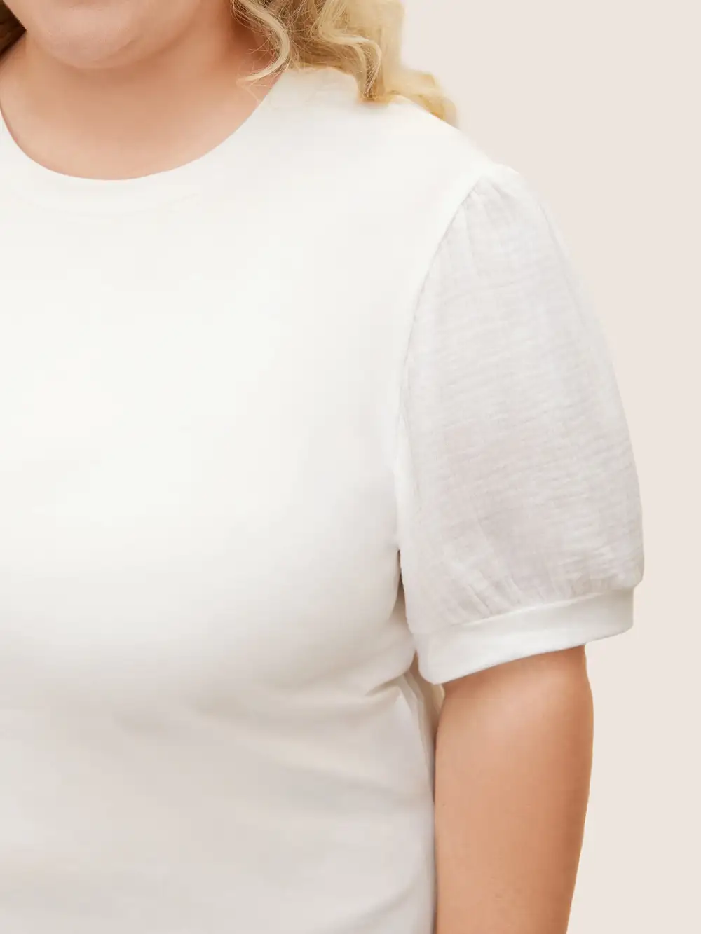 Plain Textured Patchwork Lantern Sleeve T-Shirt
