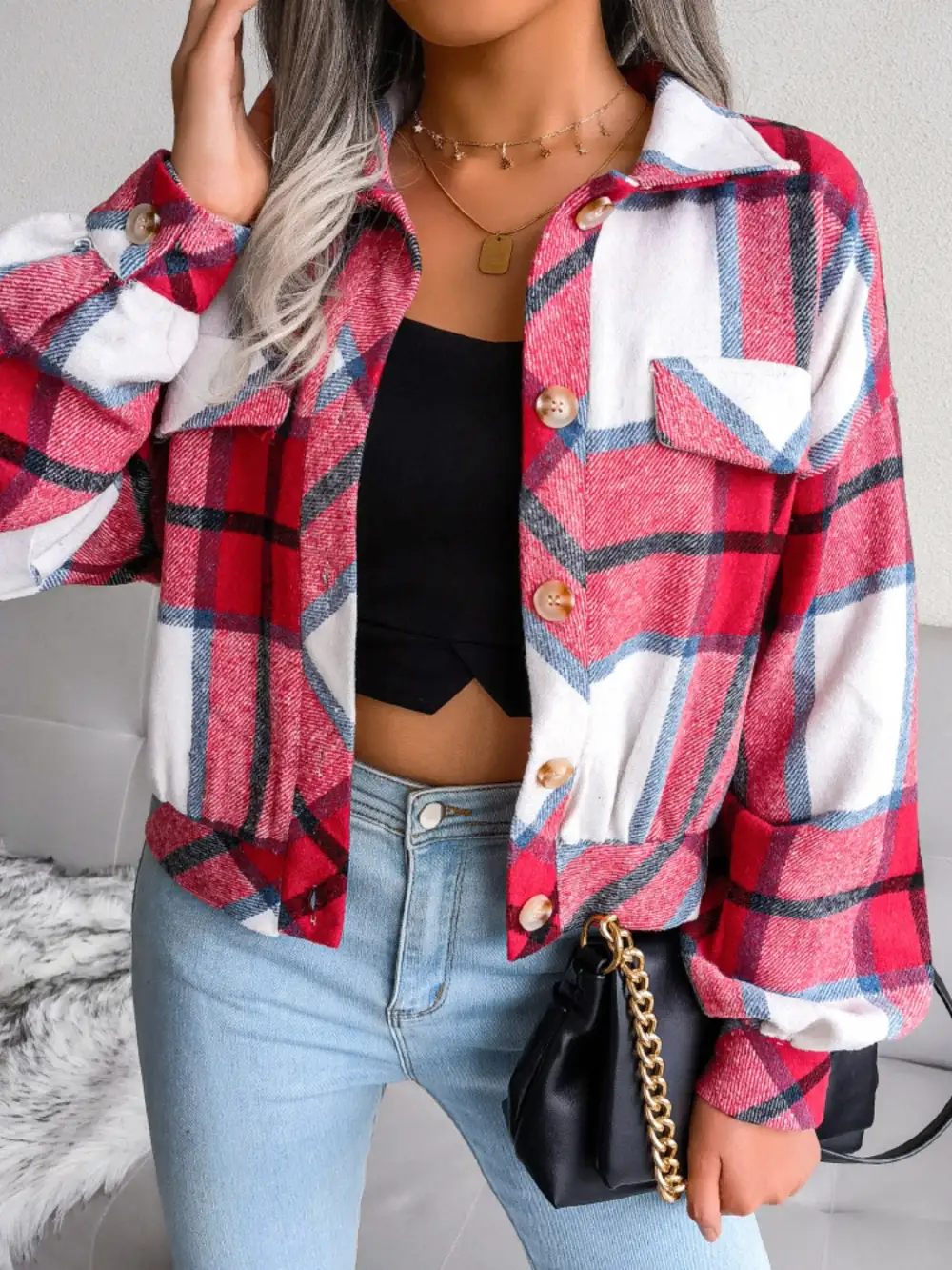 Hazel Blues® |  Plaid Collared Neck Long Sleeve Jacket