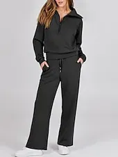 Women's Fashion Streetwear Pants Sets Bolero Top Long Sleeve Shirt Collar Solid Color Outdoor Work Casual Black Fuchsia Beige Fall Regular Fit