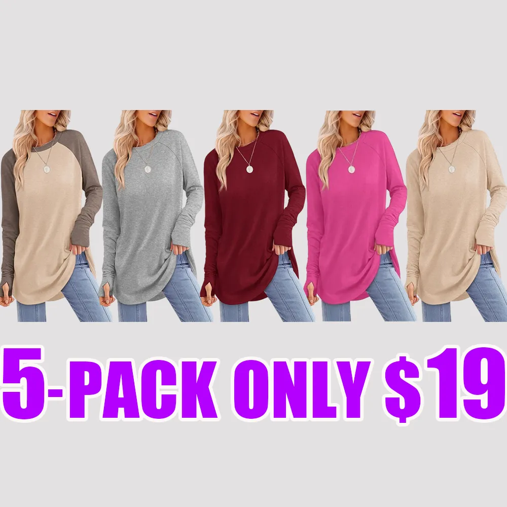 Womens Tunic Tops to Wear with Leggings Long Sleeve Thumb Hole Shirts Crew Neck Curved Hem