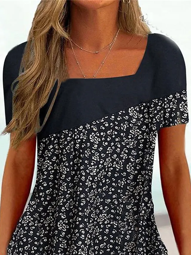 Women's T shirt Tee Black White Pink Floral Striped Print Short Sleeve Casual Holiday Tunic Basic Square Neck Regular Floral Plus Size L