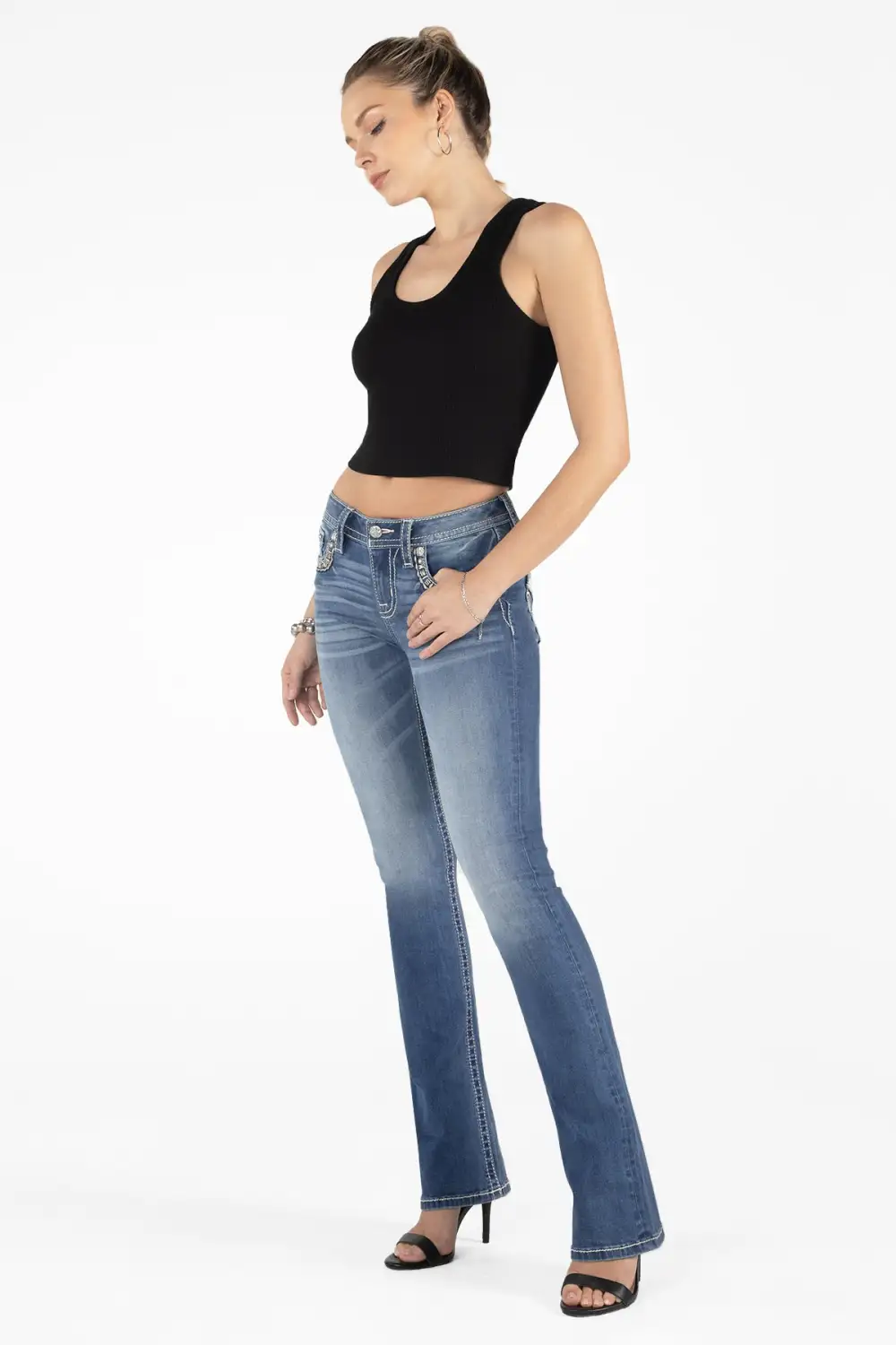 Gold Floral Stitch Border Bootcut Denim