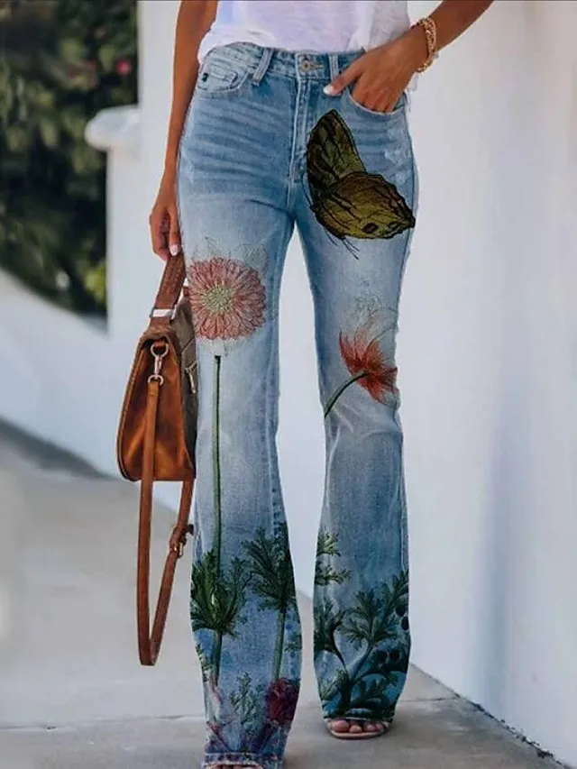 Women's Jeans Bootcut Flare Full Length Faux Denim Side Pockets Wide Leg High Elasticity Mid Waist Fashion Casual Weekend 31803 31806 S M