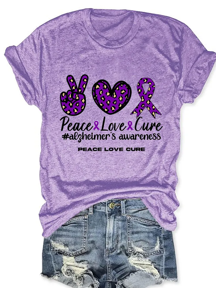 Women'S Peace Love Cure Alzheimer'S Awareness Round-Neck T-Shirt
