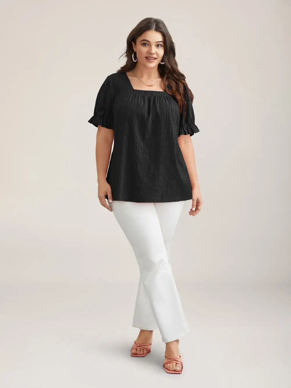 Cotton Square Neck Ruffled Sleeve Shirt