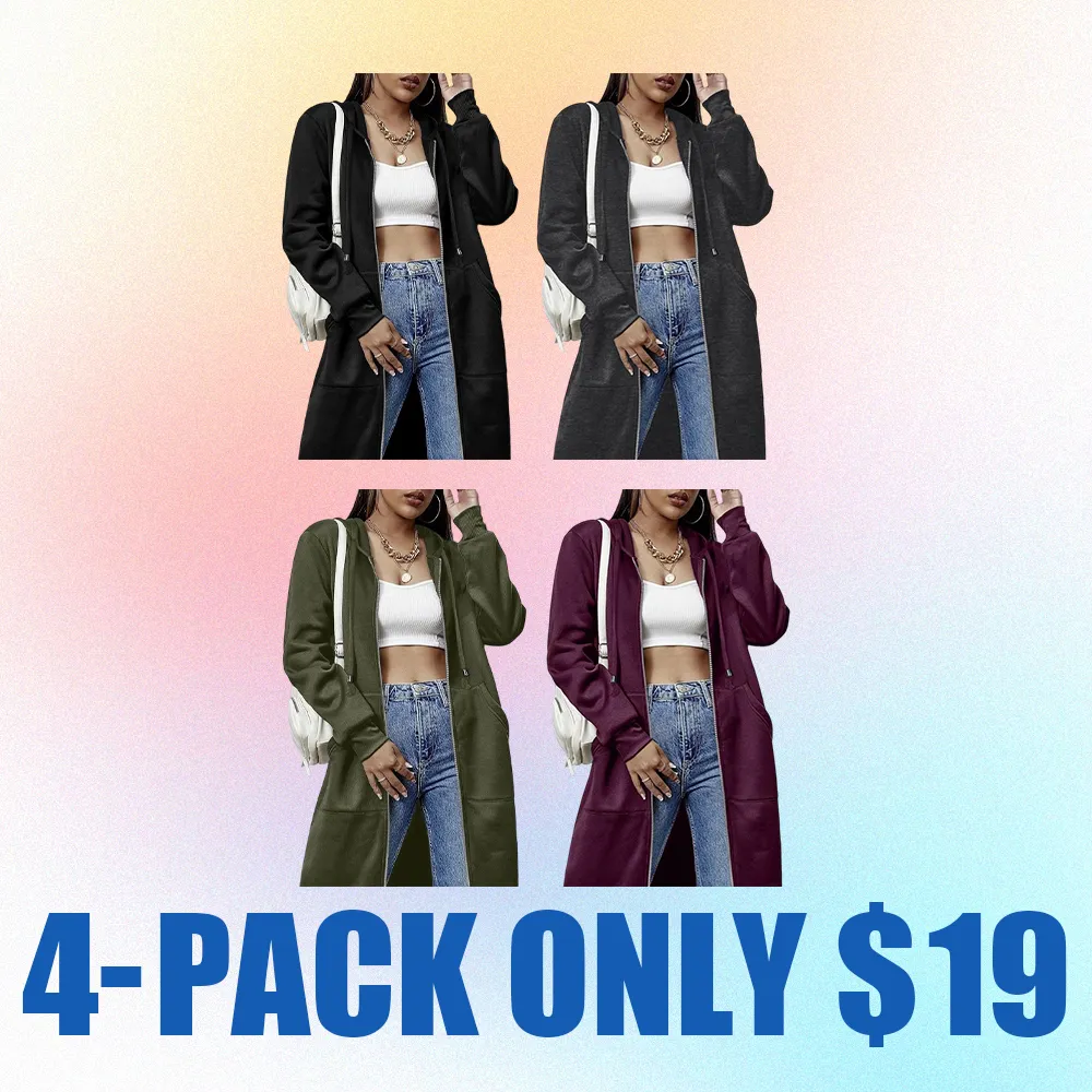 Women’s Casual Long Zip-Up Hoodie – Striped Knit Fleece Sweatshirt Jacket with Cotton Long Sleeves