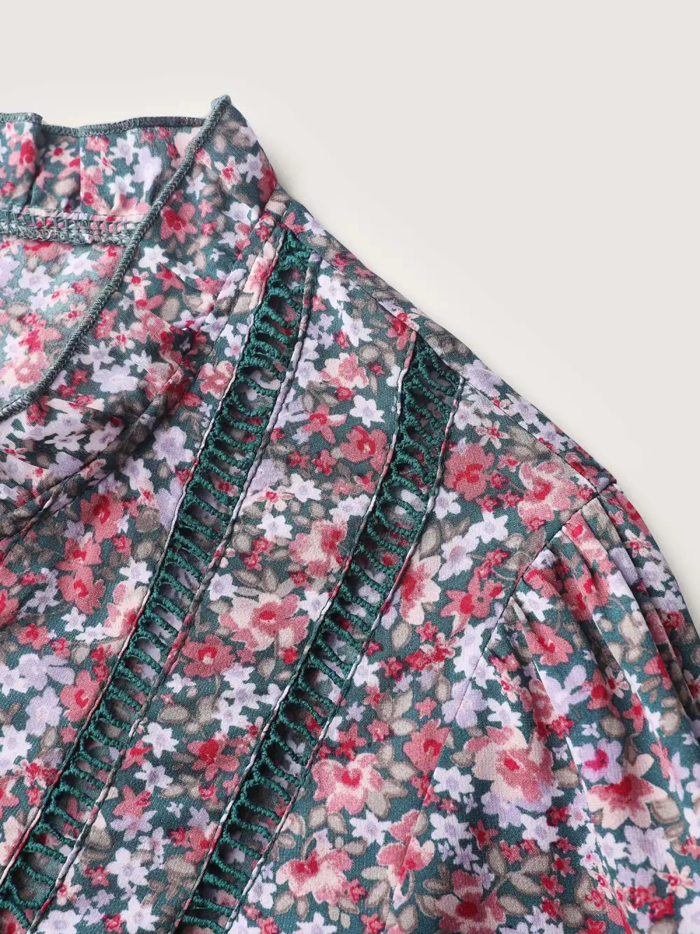 Floral Print Lace Trim Placket Blouse