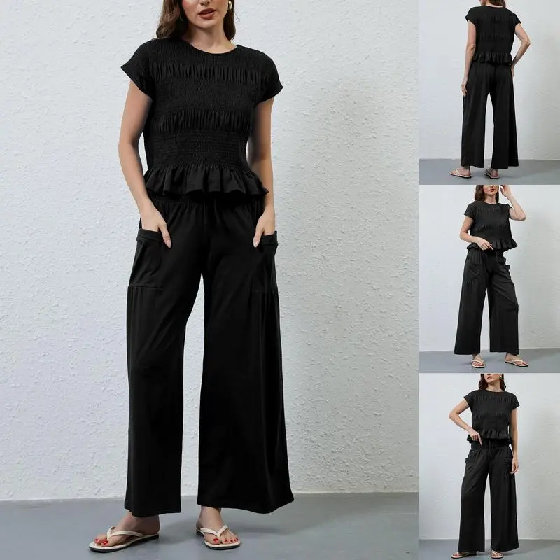 Women’s Smocked Top & Wide-Leg Pants Set – High-Waisted Lounge Outfit with Pockets