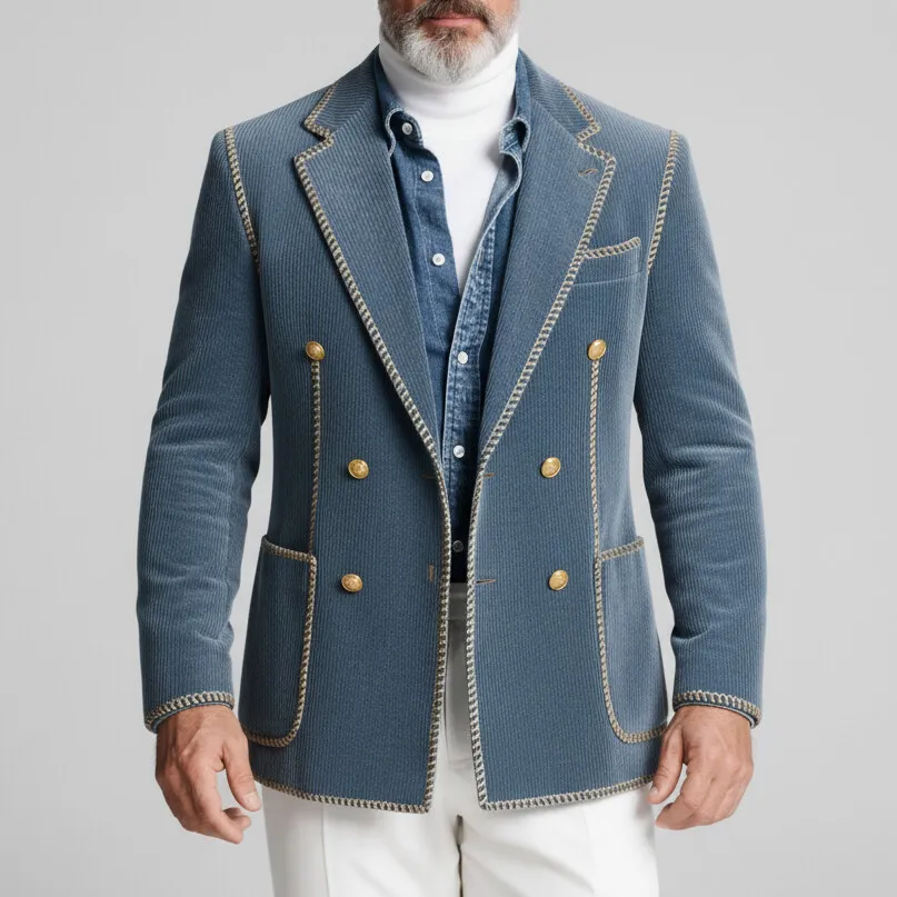 Men's Blue Corduroy Notch Lapel Double Breasted Long Sleeve Contrast Trim Patch Pocket Blazer
