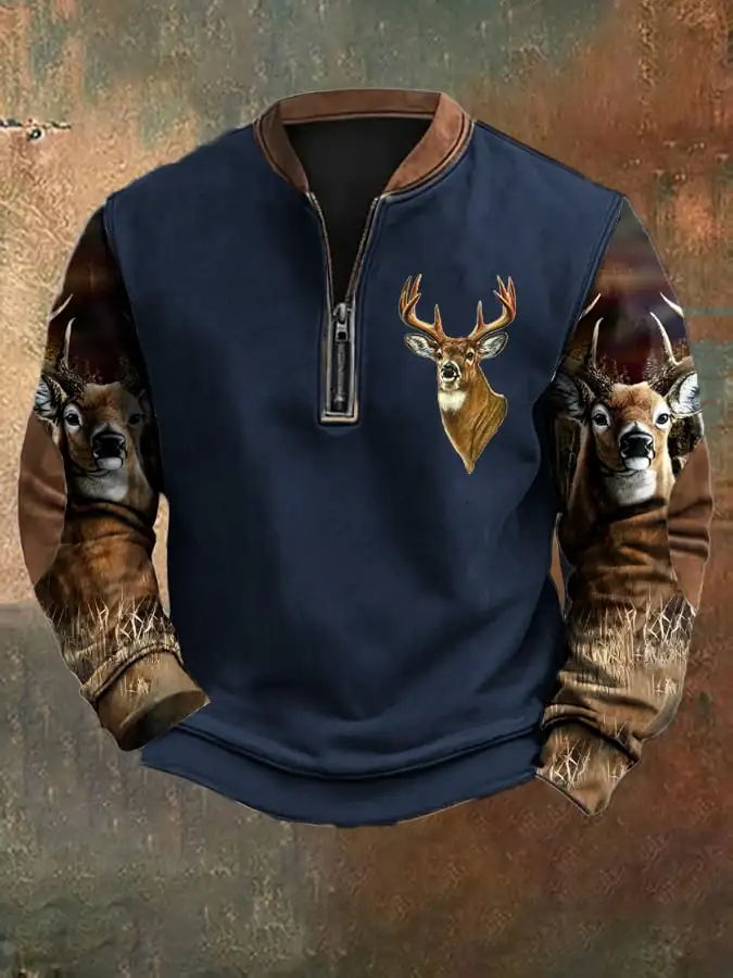 Men's Casual Vintage Camouflage Elk Zip-Up Sweatshirt