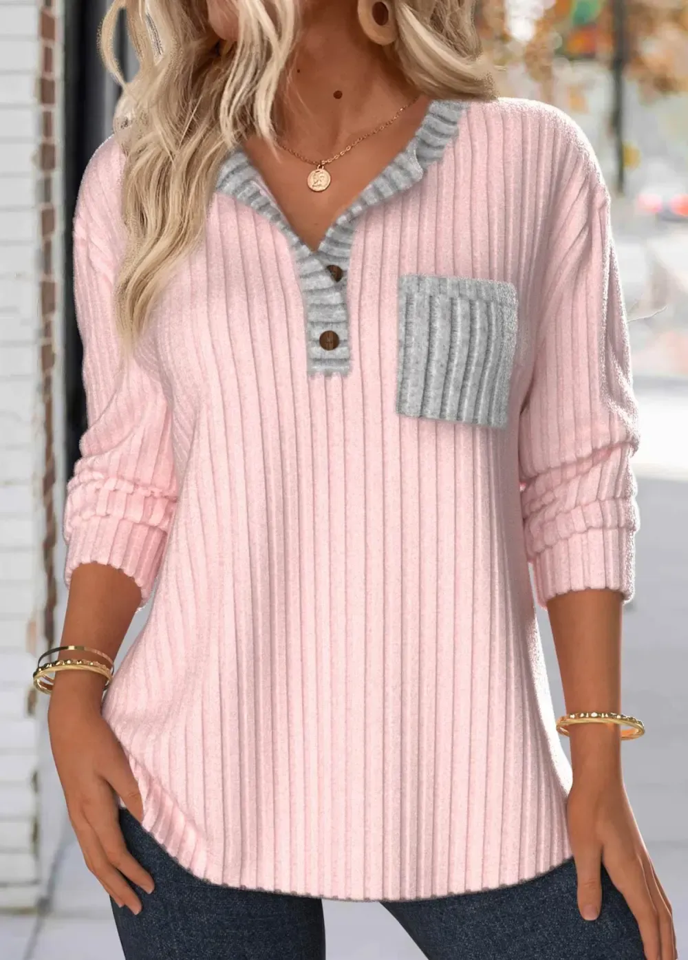Light Pink Button Long Sleeve Split Neck Sweatshirt