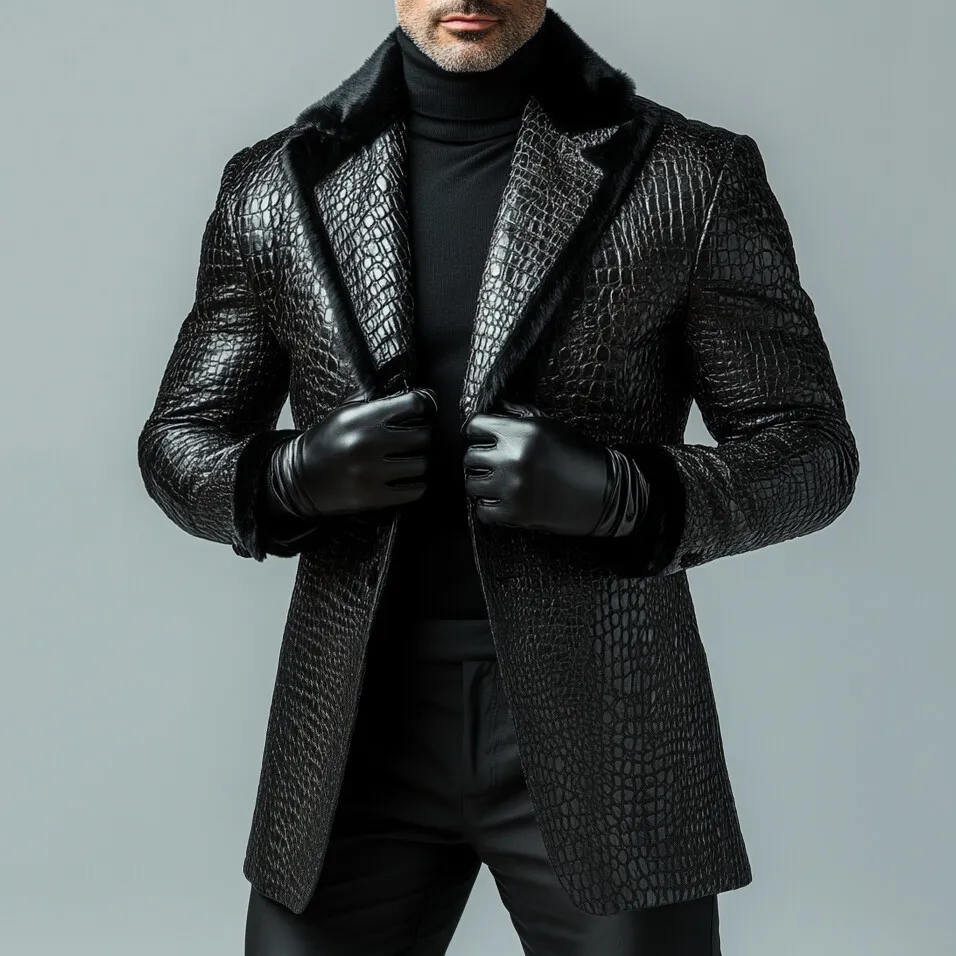 Men's PU Leather Crocodile Pattern Plush Trim Peaked Lapel Blazer