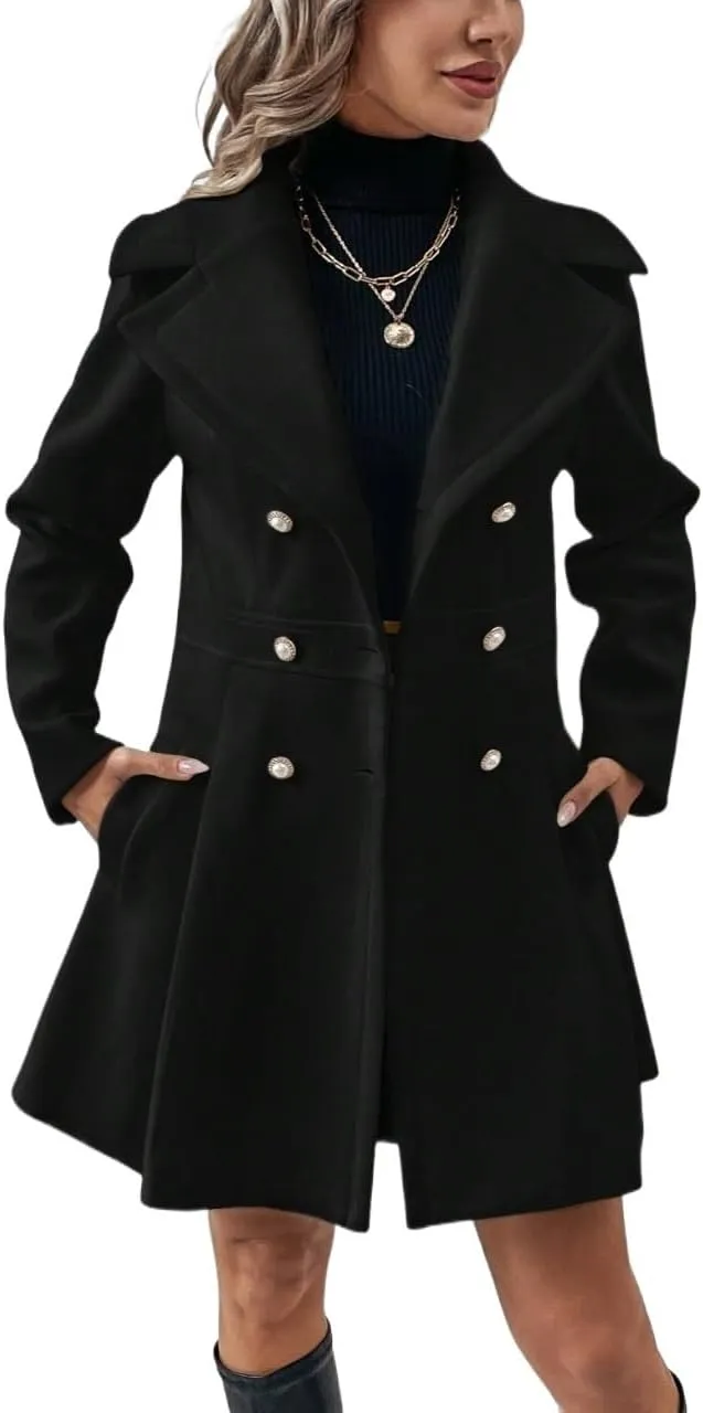 Casual Overcoat For Women's Lapel Neck Double Breasted Slant Pocket Overcoat Button Front Winter Outerwear Fall Coat