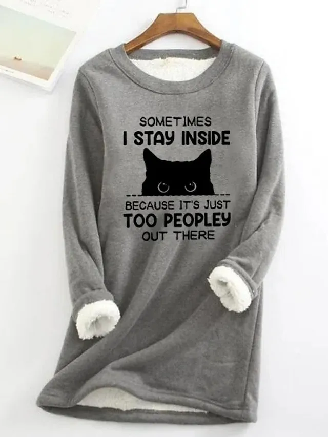 Women's Sweatshirt Pullover Fleece Lined Cat Letter Teddy Fuzzy Black Yellow Pink Street Casual Round Neck Long Sleeve Top Micro-elastic Fall & Winter
