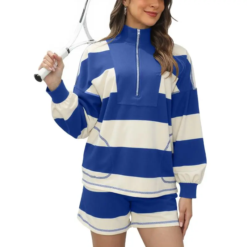 Women’s Striped Oversized Fleece Pullover – Cozy 1/4 Button Sweatshirt