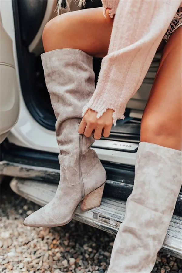 NEW! Women's Suede Chunky Heel Martin Boots Pointed Toe With Ruched Zipper shoes