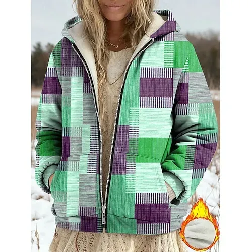 Women's Winter Coat Fleece Jacket Casual Jacket Warm Zipper Pocket Print Fashion Casual Floral Street Casual Regular Hoodie Loose Fit Long Sleeve Outerwear Blue Purple Green Spring Fall