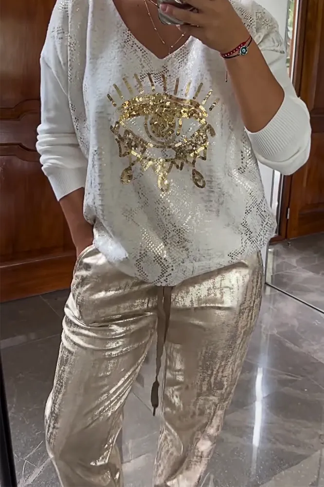Women's fashionable sequin embroidered eye top & bronzing trousers two-piece set