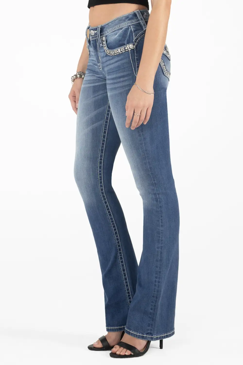 Gold Floral Stitch Border Bootcut Denim