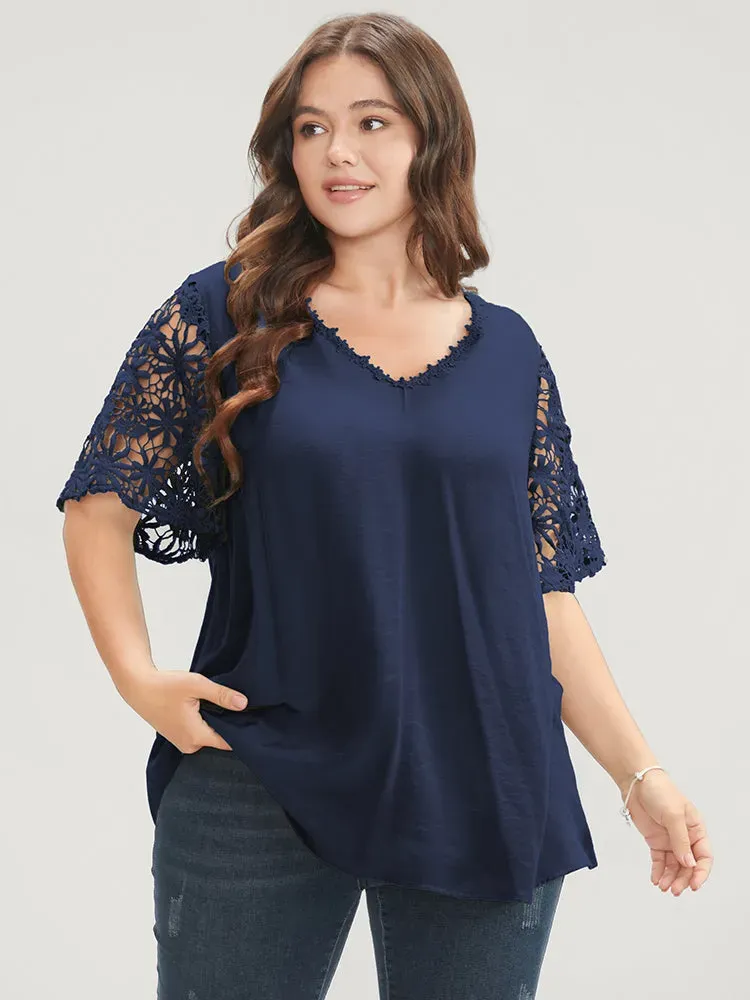 Plain V Neck Floral Patchwork Blouse