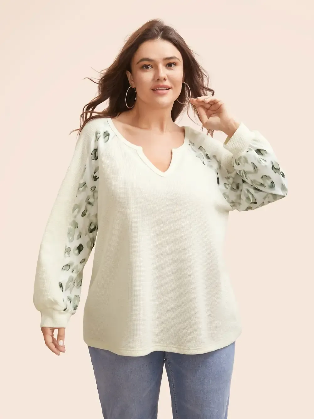 Waffle Knit Patchwork Leopard Print Sweatshirt