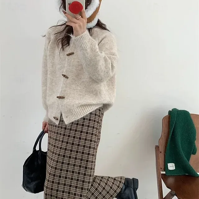 Women's Sweater Cardigan Elegant Fashion Streetwear Pure Color Crew Neck Pocket Knitted Long Sleeve Regular Tops Knit Outdoor Daily Weekend Yellow Light Green Fall Winter