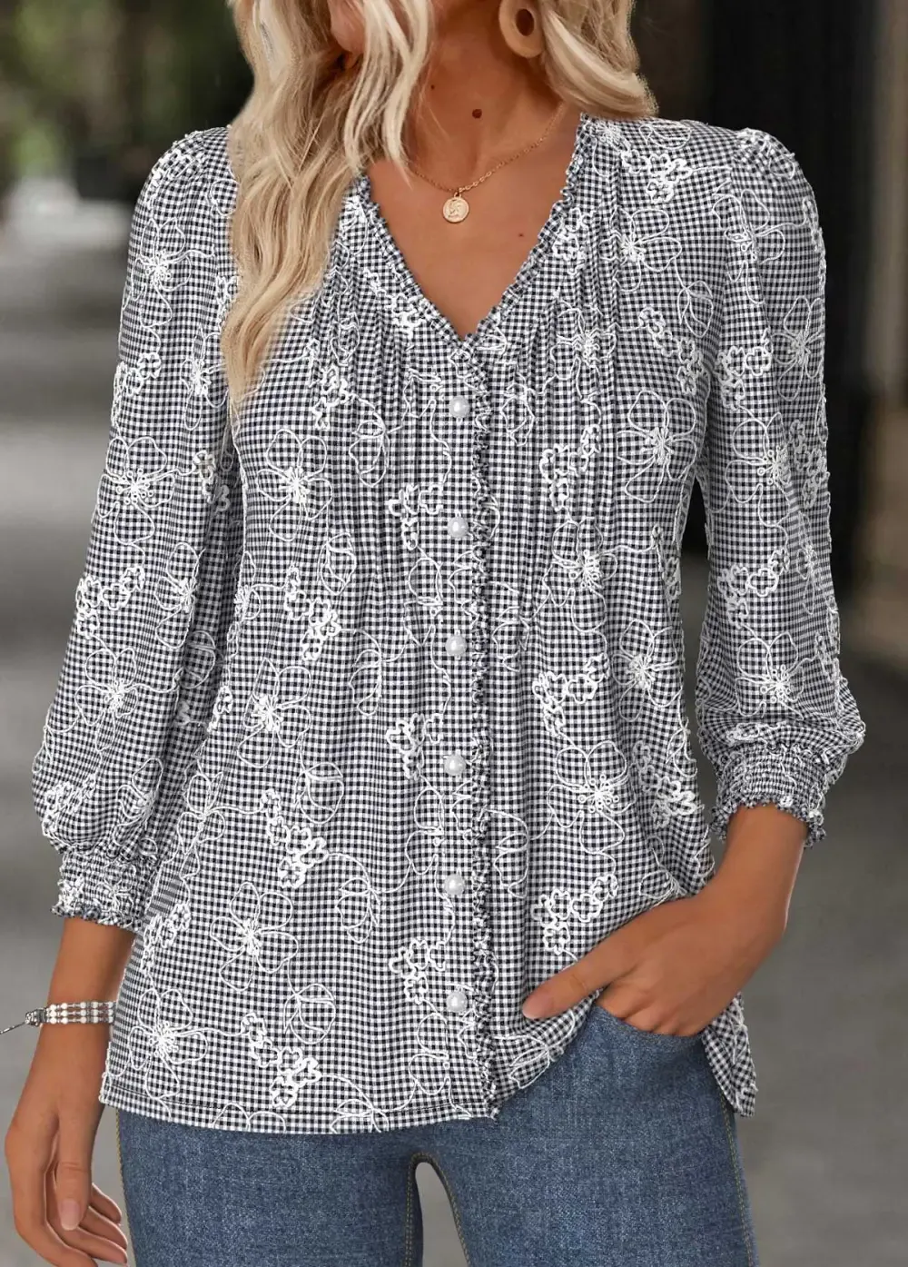 Black Tummy Coverage Plaid Long Sleeve V Neck Blouse