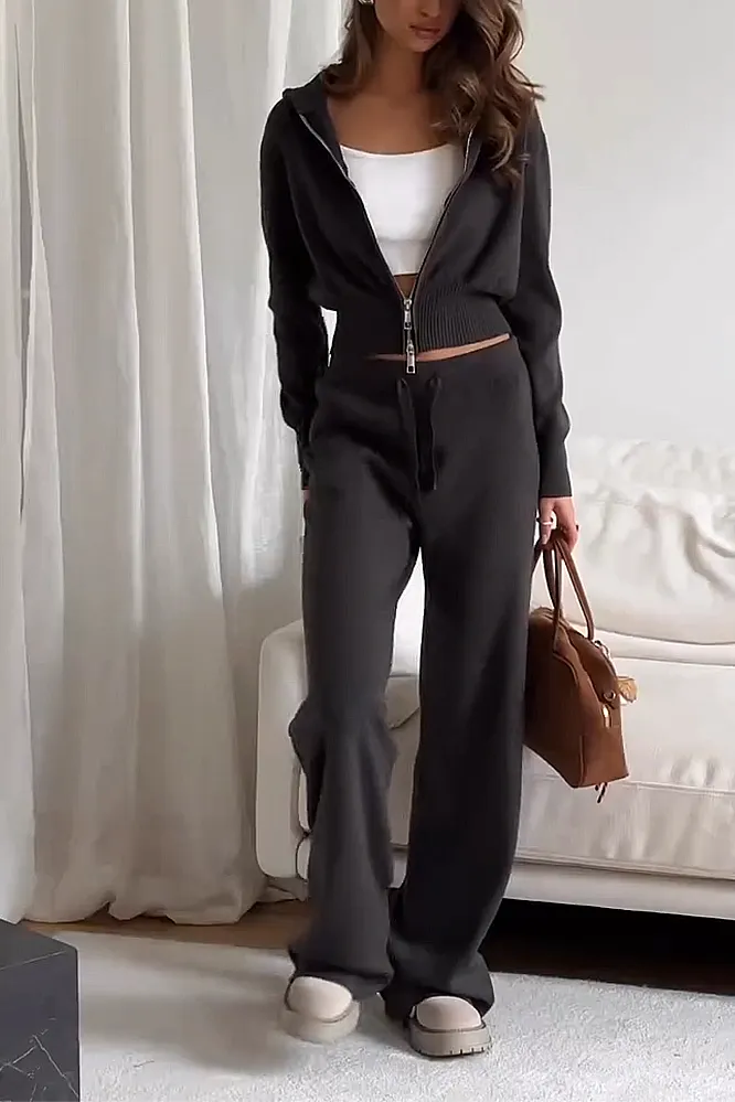 Women's Solid Color Knitted Zipper Top & Pants Two Piece Set