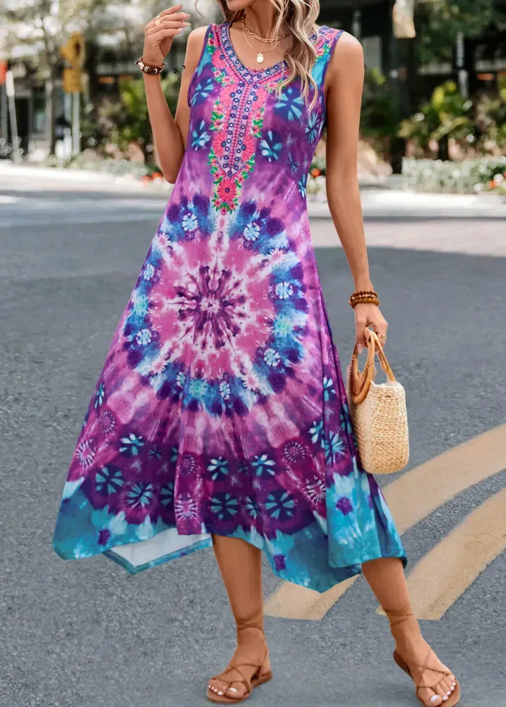 Blue Asymmetry Tie Dye Print H Shape Dress