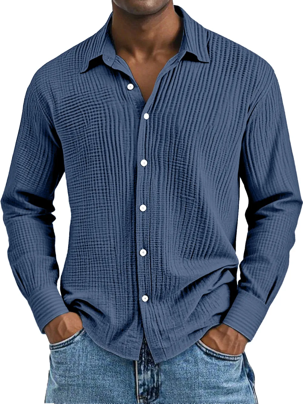 Men's Daily Casual Solid Color Pure Cotton Pleated Texture Long-sleeved Shirt
