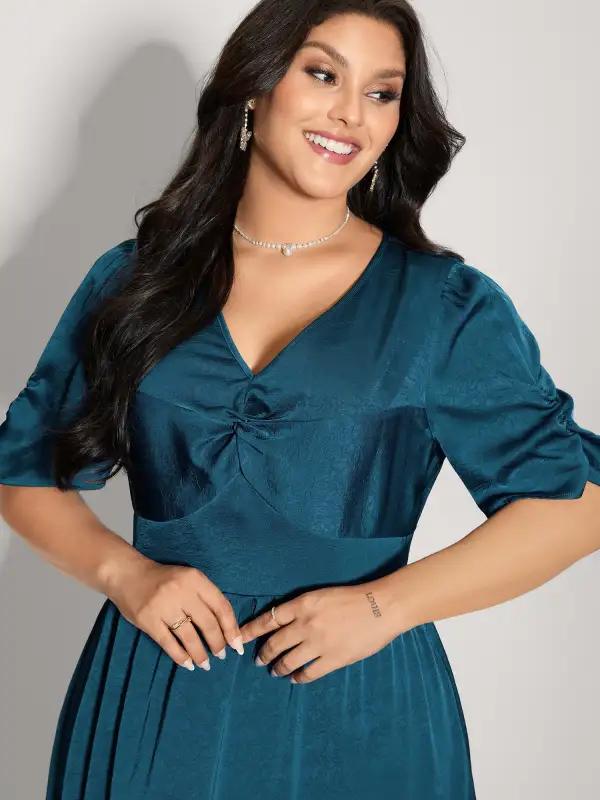 Satin-Like Ruched Sleeve Midi Dress