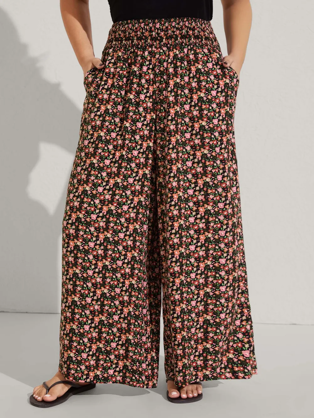 Shirred Waist Ditsy Floral Wide-Leg Pants