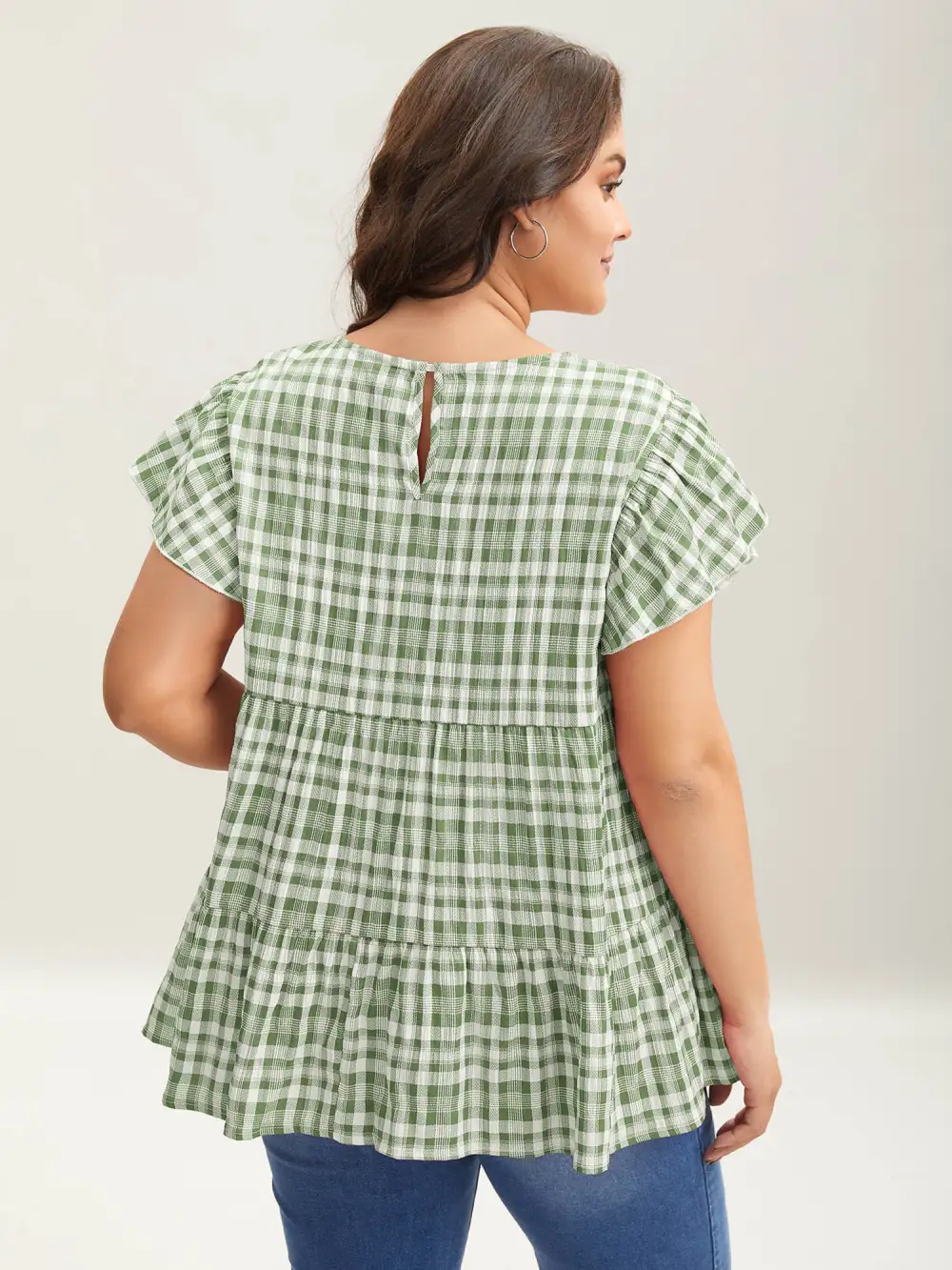 Plaid Print Textured Lotus Leaf Sleeve Shirt