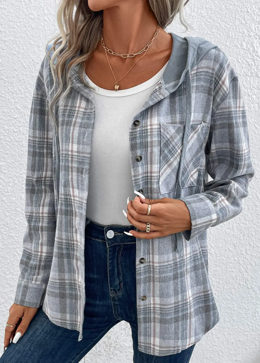 Dusty Blue Pocket Plaid Long Sleeve Hooded Coat