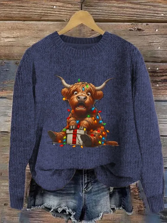 Women's Cute Highland Cow Print Knitted Crew Neck Sweater