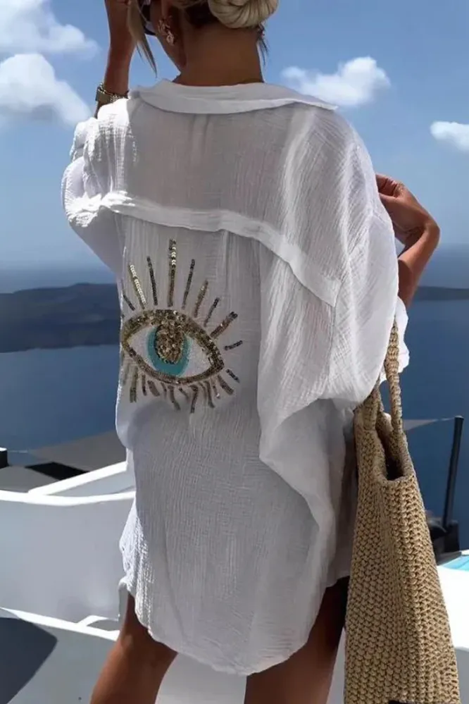 Evil Eye Casual Sequin Beaded Shirt