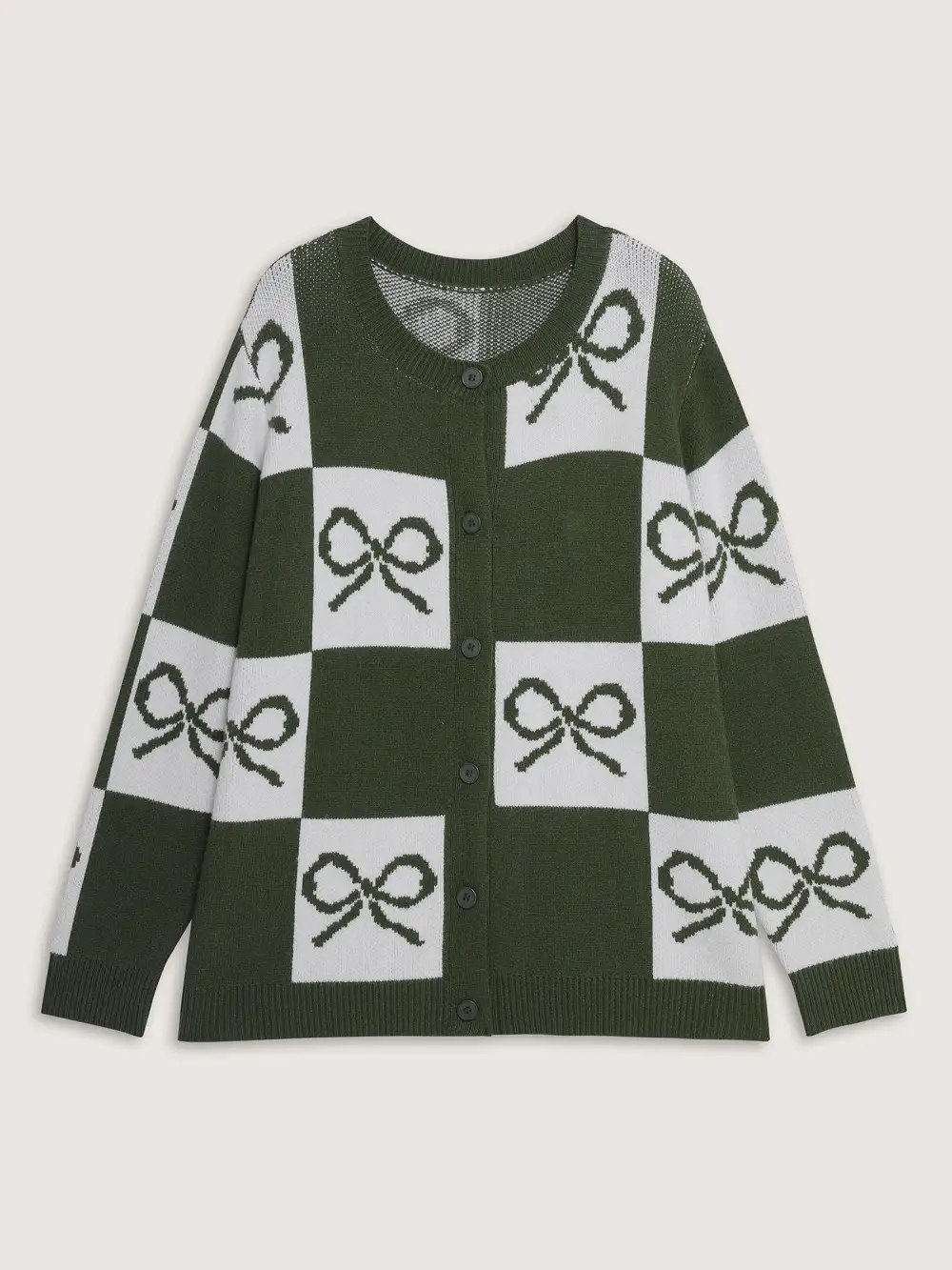 Checkered Bowknot Contrast Knit Cardigan