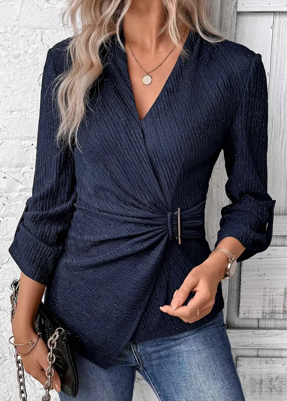 Navy Surplice Long Sleeve V Neck Shirt