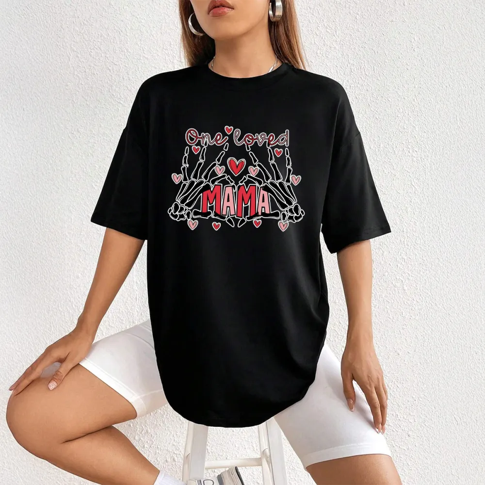 One Loved Mama Print Round Neck Short Sleeve T-Shirt